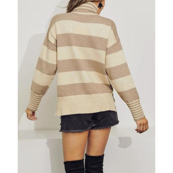 NEW J.NNA cotton-blend multi-stripe turtleneck sweater in taupe - Picture 2 of 2